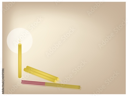 Joss Sticks and Candles on Brown Background