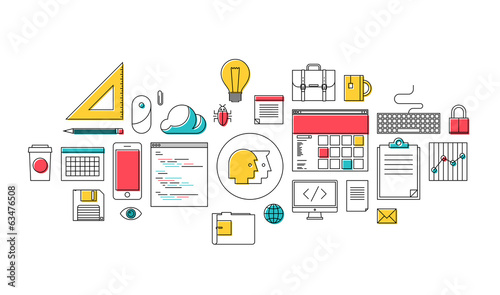 Flat line web design and programming icons