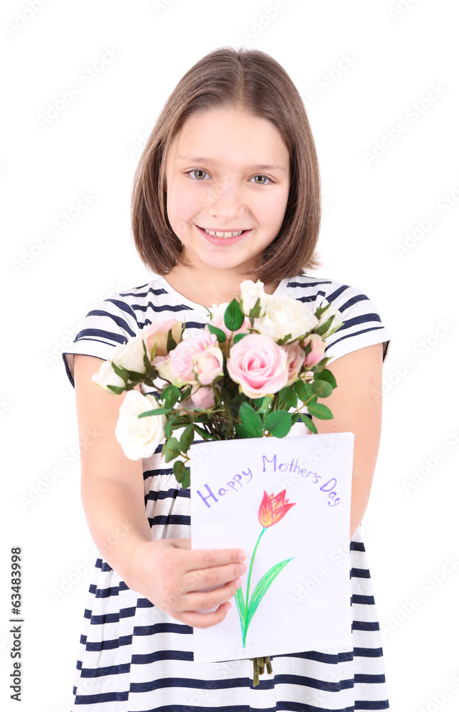Beautiful little girl with flowers and postcard in her hand, Beautiful little girl with flowers and postcard in her hand,