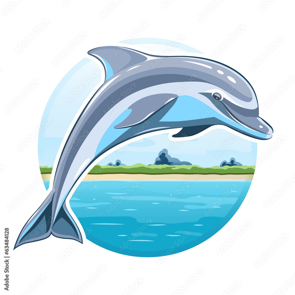 Fototapeta premium Dolphin on sea background. Eps8 vector illustration. Isolated