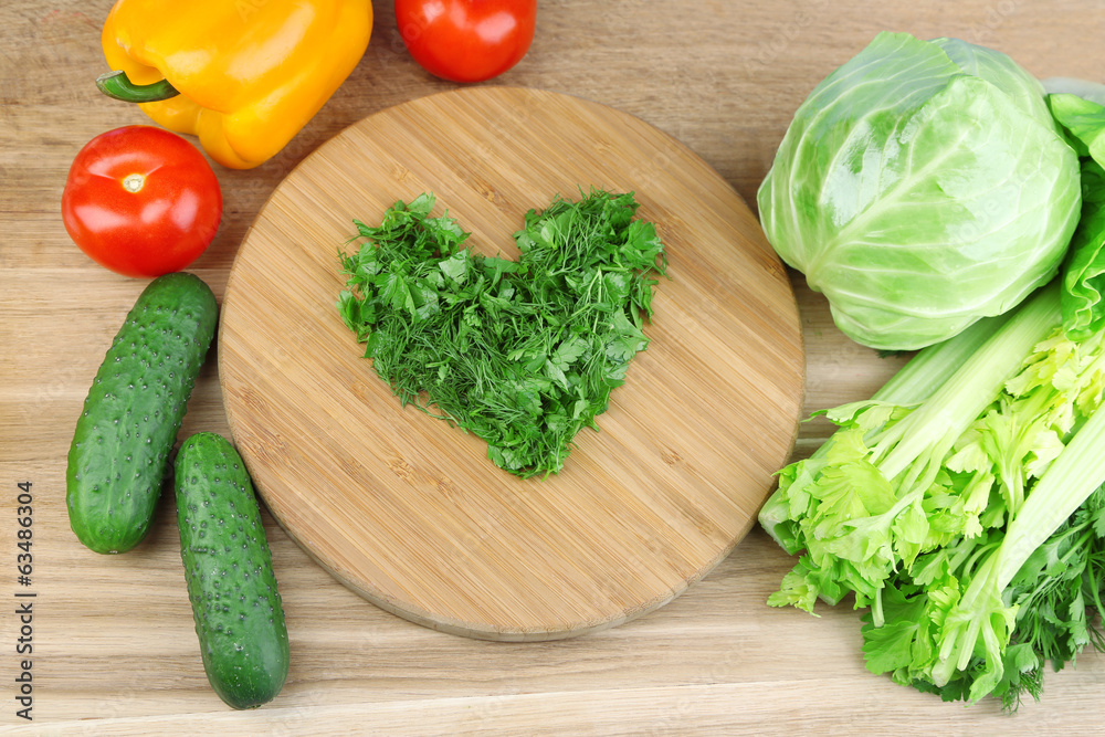 Heart shape of chopped herbs and fresh vegetables, Heart shape of chopped herbs and fresh vegetables,