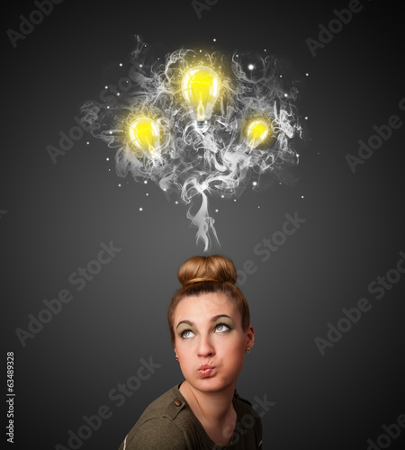 Thoughtful woman with smoke and lightbulbs above her head