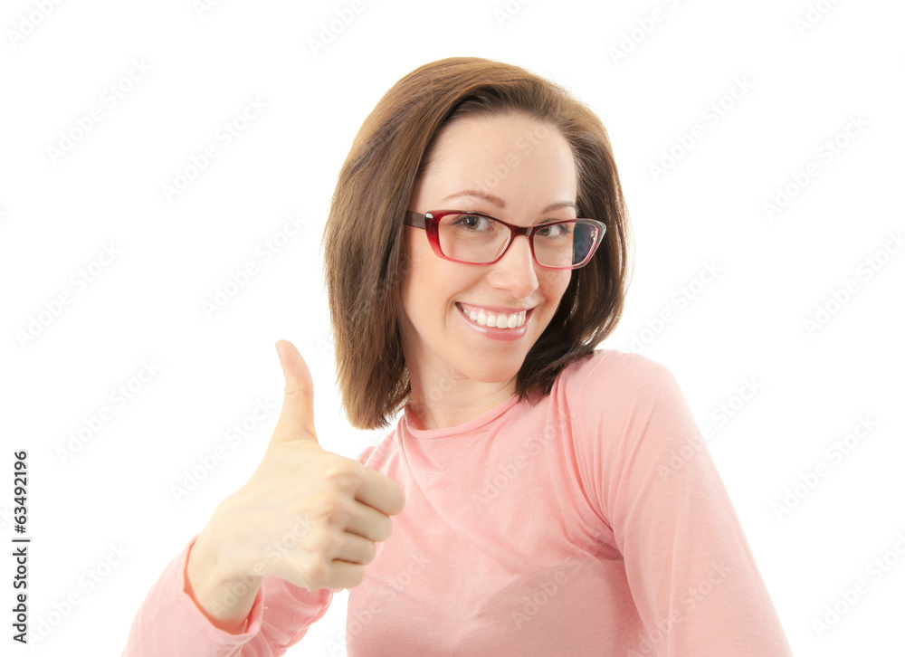Happy woman shows finger Happy woman shows finger