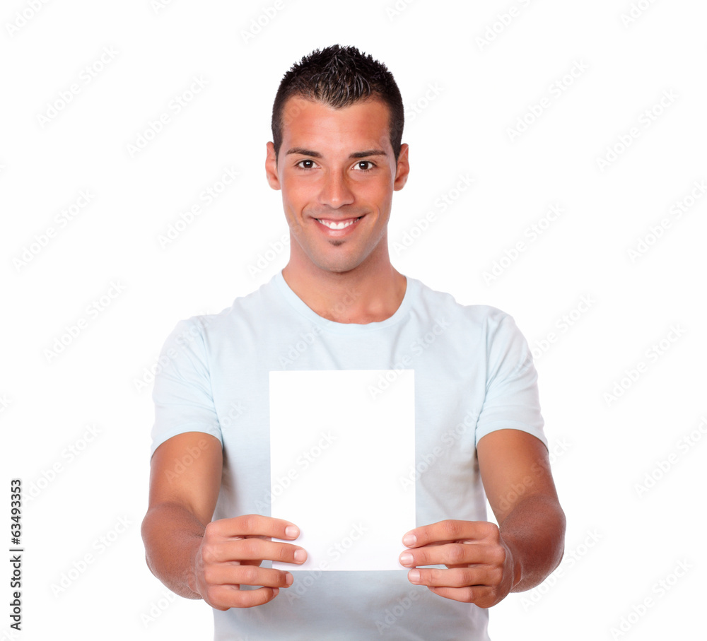 Handsome man holding a white card Handsome man holding a white card