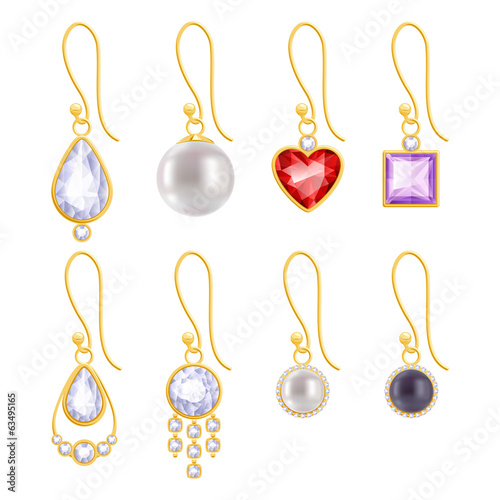 Set of assorted golden earrings with gemstones and pearls.