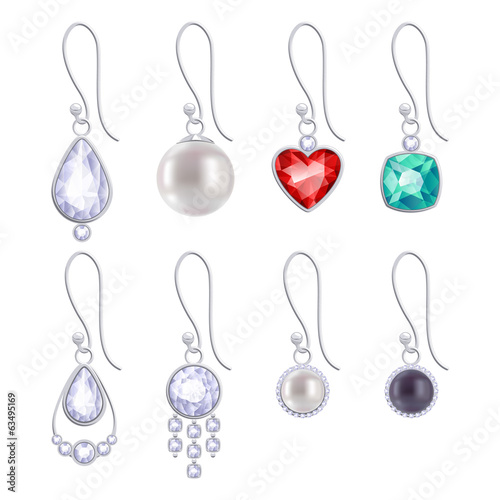 Set of assorted silver earrings with gemstones and pearls.