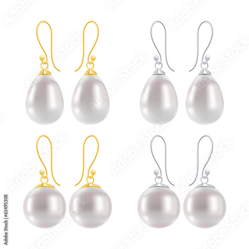Golden and silver earrings with pearls - round and drop forms.
