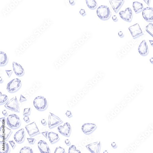 Frame of white sparkle gemstones on white background.