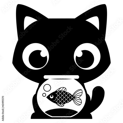 Cartoon Adorable Cat With A Fish In A Fishbowl