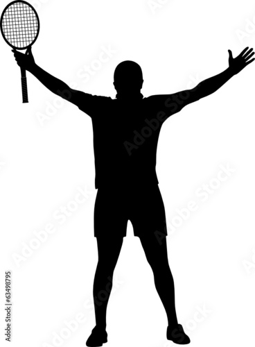 tennis winner raised his hands and racket in the air