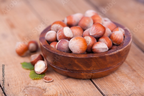 Hazelnuts on a wooden table