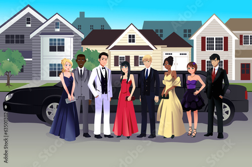 Teen in prom dress standing in front of a long limo