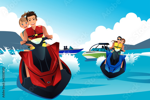 Young people riding jet ski