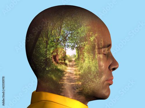 My way, mans profile with forest path inside the head