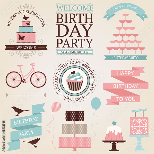 Vector set of birthday celebration or holiday icons in vintage c