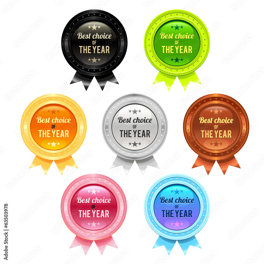 Set of seven glossy badges on white background Set of seven glossy badges on white background