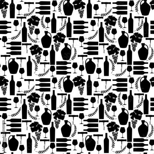 Vector pattern with black Wine illustrations silhouettes.