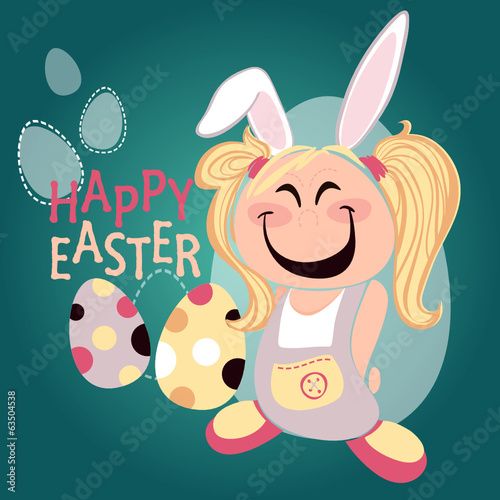 Cute cartoon girl with easter bunny ears   Happy Easter