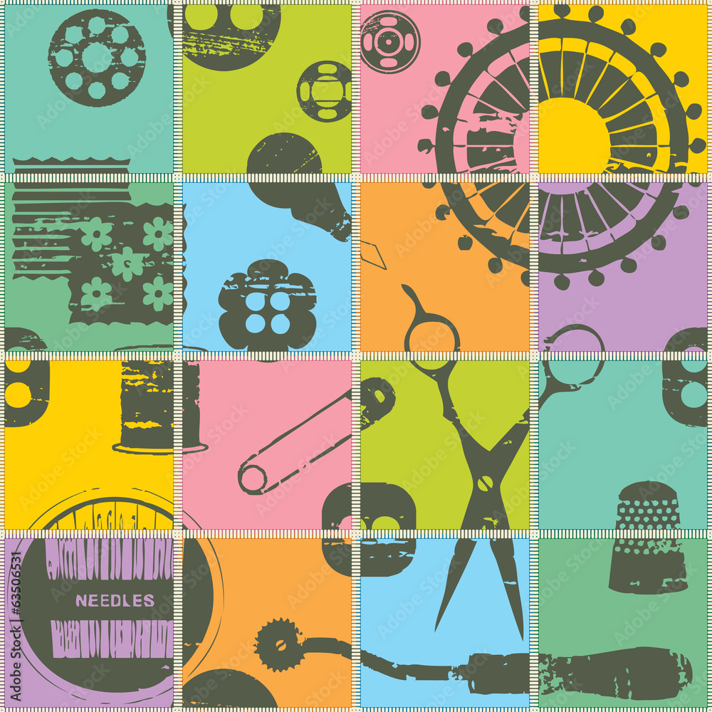 Fototapeta premium Retro tiled seamless pattern with sewing and tailoring symbols