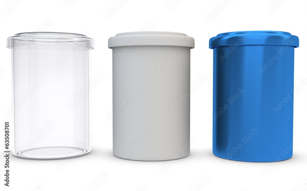 3d glass,plastic and metal jars on white background 3d glass,plastic and metal jars on white background