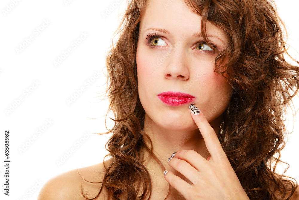 Portrait pretty thoughtful woman curly hair isolated Portrait pretty thoughtful woman curly hair isolated