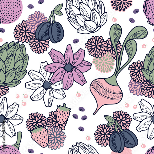 Flowers, vegetables and fruits seamless pattern