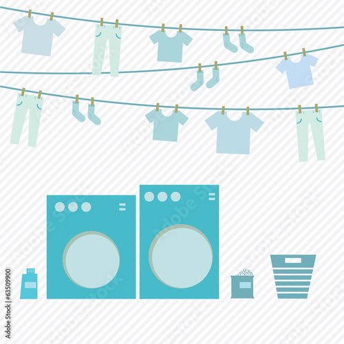 Laundry day, washing machine and cloth on hanger, vector illustr