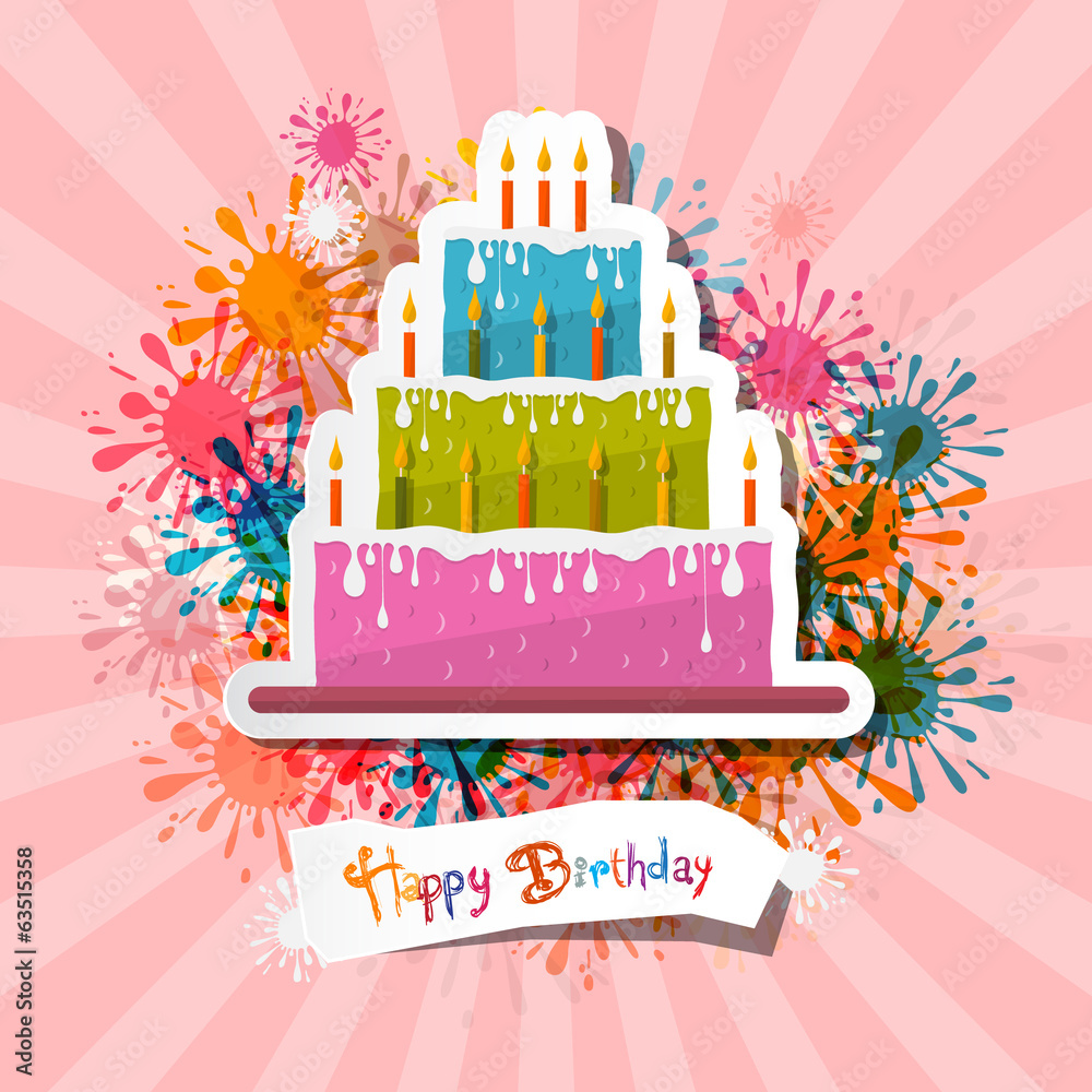 Retro Pink Birthday Background Illustration with Cake Stock Vector