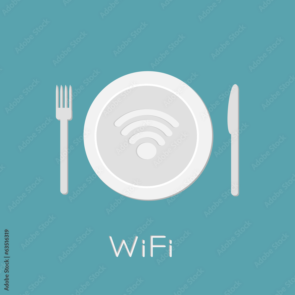 Plate with Wireless Network wifi icon inside. Knife and fork. Plate with Wireless Network wifi icon inside. Knife and fork.