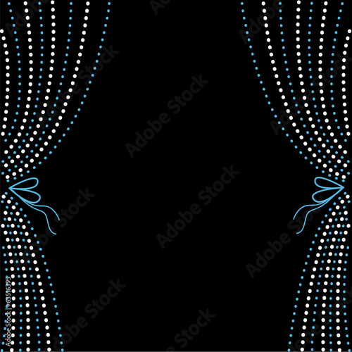 Round dash line curtains. Blue and white on black background.