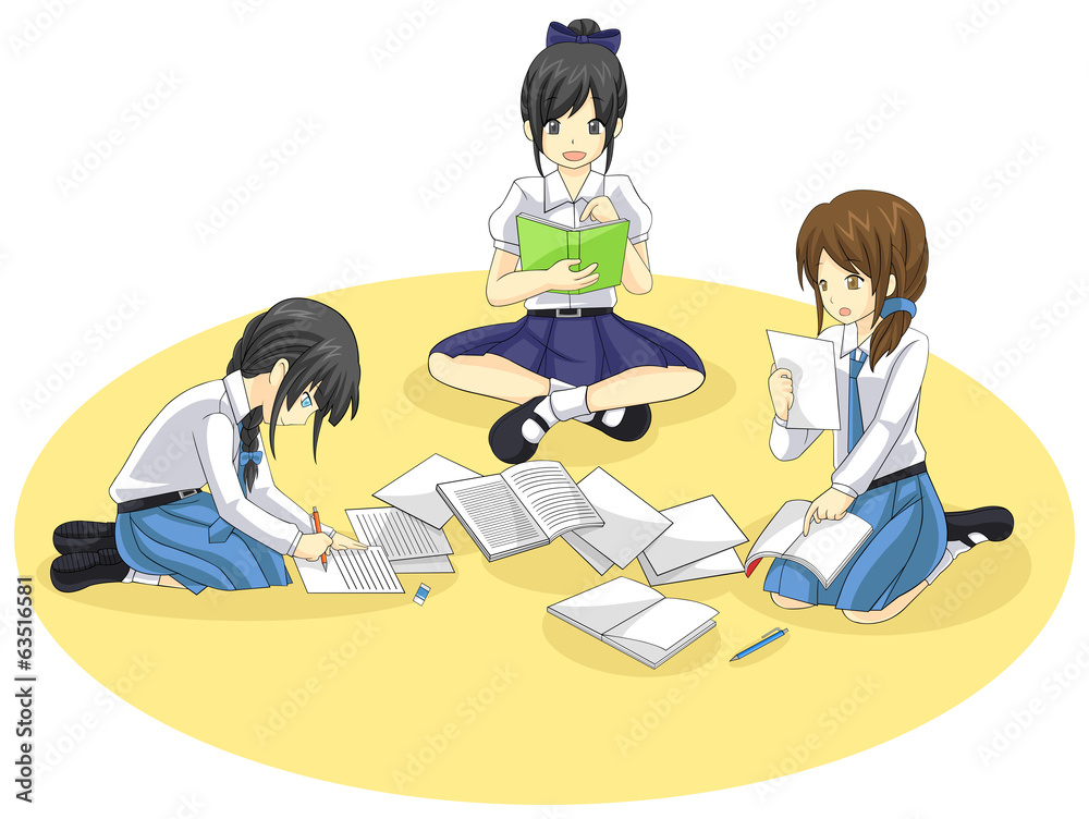 Group of Thai students are studying together in isolated backgro Group of Thai students are studying together in isolated backgro