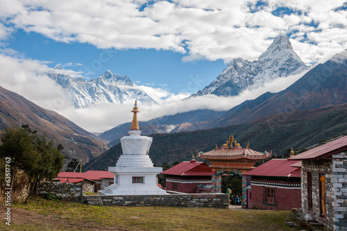 Buddhist stupa with Everest, Lhotse and Ama Dablam in background