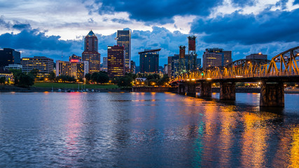Portland Skyline Along Willamette River