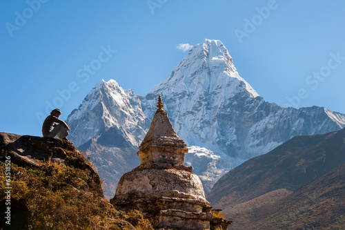 Buddhist stupa with Ama Dablam in background, Nepal photo
