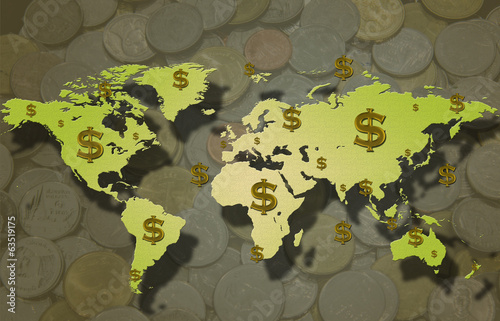 World map with dollar sign and coin background