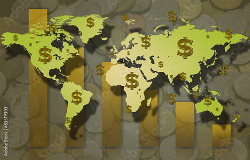 world map floting dollar sing and coin background