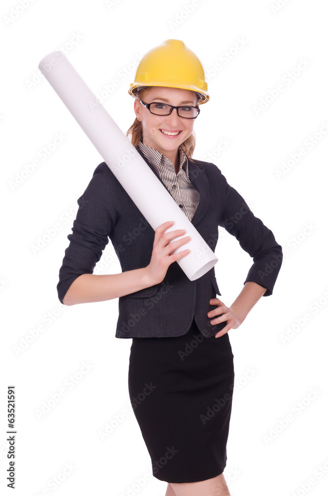 Young architect with drawings on white Young architect with drawings on white