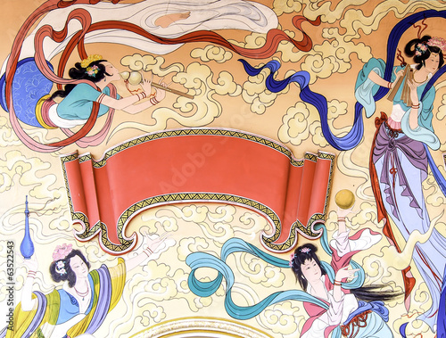 painting in Chinese temple, angles on heaven with blank label