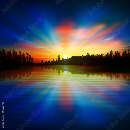 abstract nature blue background with forest lake and sunrise