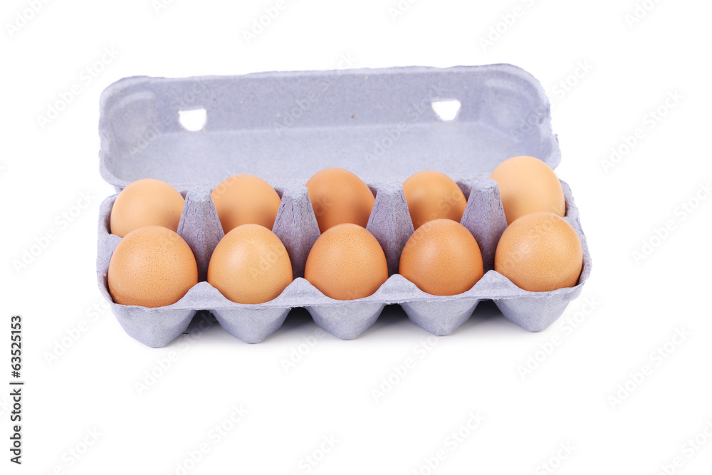 Ten eggs in a blue carton box