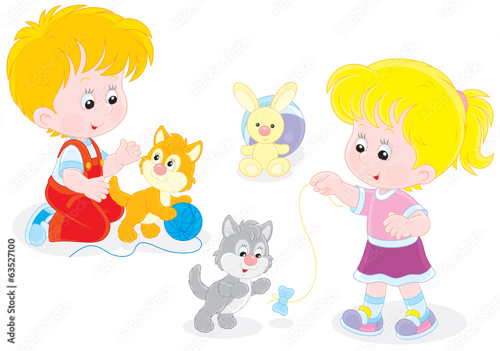 Little girl and boy playing with small playful kittens Little girl and boy playing with small playful kittens