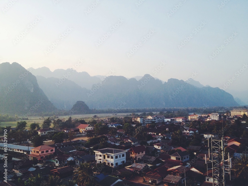 airview landscape in laos, vang vieng town