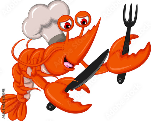 Cartoon Chef lobster with fork and knife