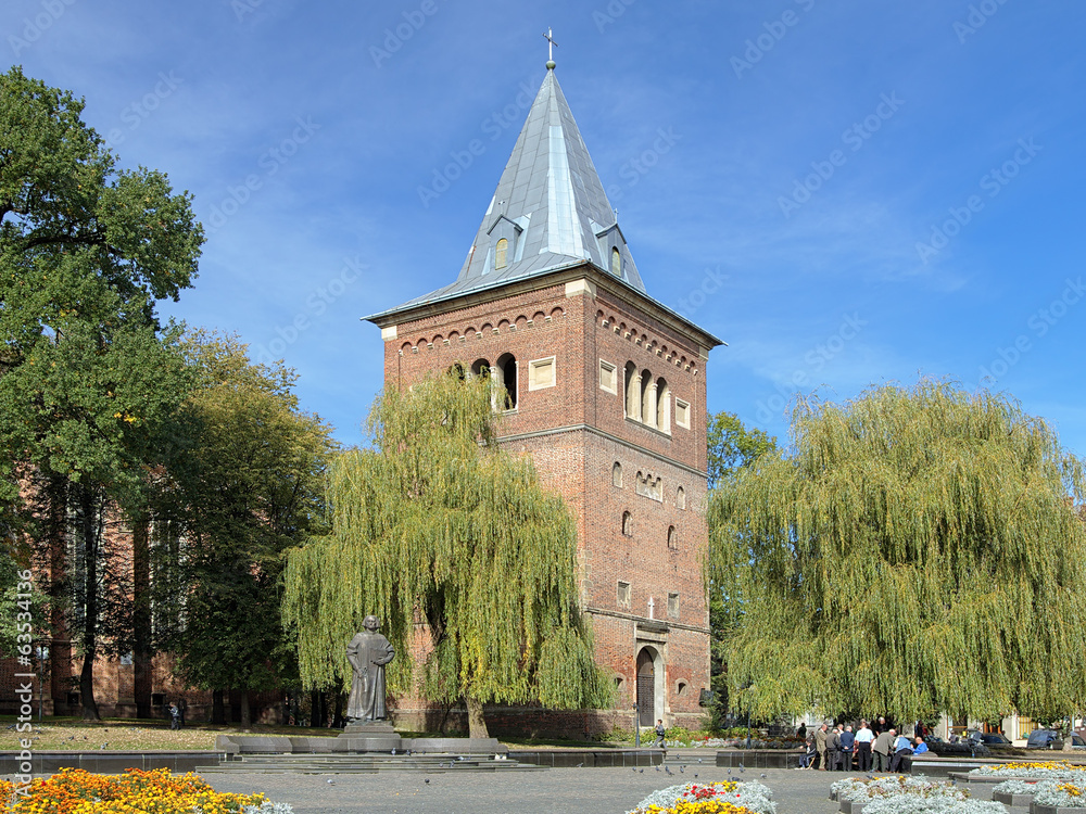 Bell tower and monument of Yuriy Drohobych in Drohobych, Ukraine - obrazy, fototapety, plakaty 