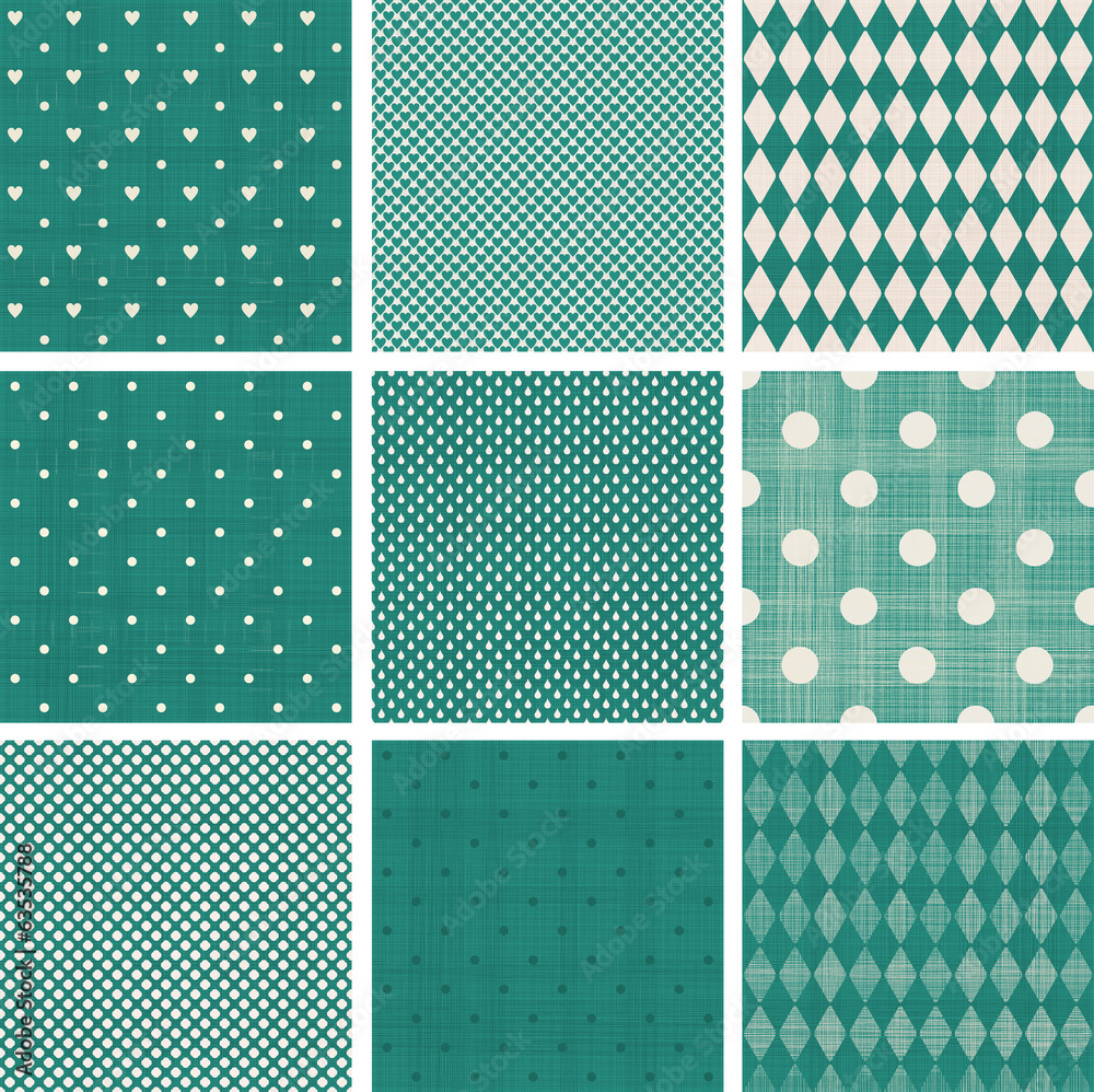 set of green retro polka dot seamless patterns