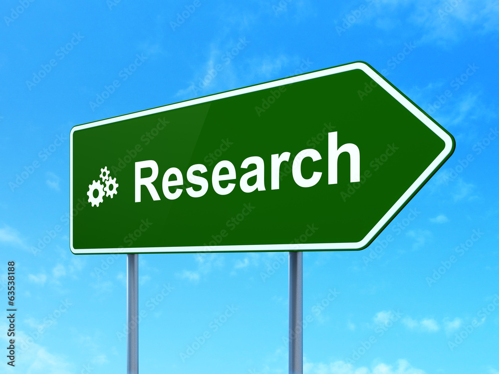 Advertising concept: Research and Gears on road sign background Advertising concept: Research and Gears on road sign background