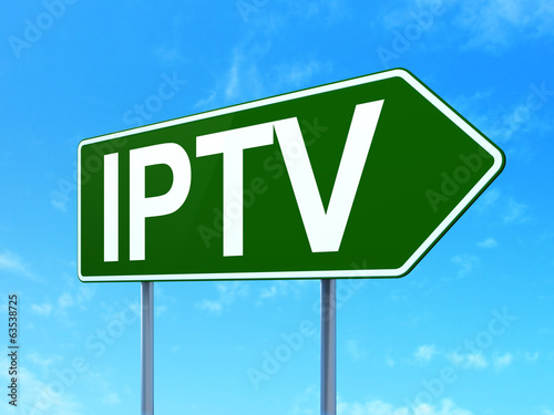 Web design concept: IPTV on road sign background