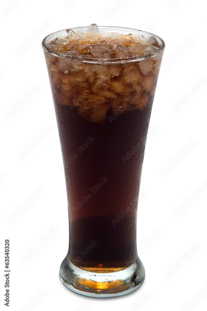 Cola glass with ice cubes over white