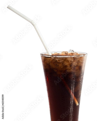 Cola with ice in glass isolated on white background.