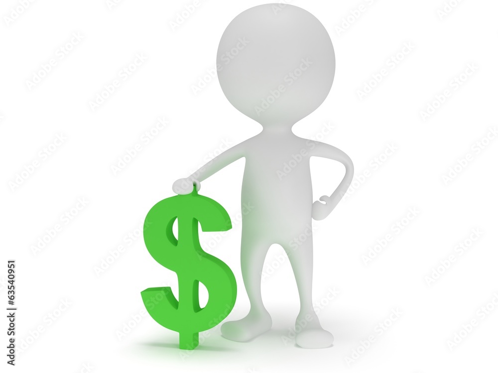 3d white man stand with green dollar sign 3d white man stand with green dollar sign